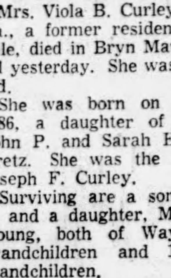 Death of Viola (Bretz) Curley